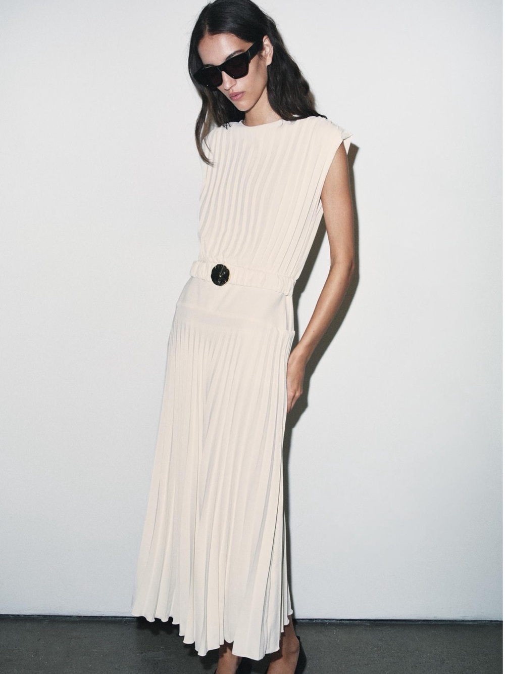 Zara Cream Pleated Maxi Dress with Decorative Waist Detail